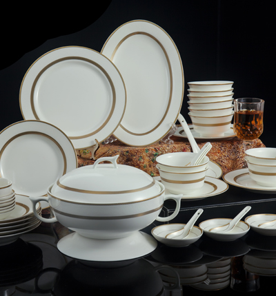 58头金色河畔餐具家庭实用型德化白瓷礼盒装陶瓷餐具套装