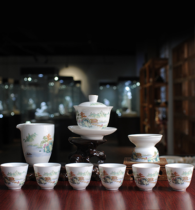 山水人家中国风青山绿水陶瓷羊脂玉瓷德化白瓷茶具盖碗礼盒套装